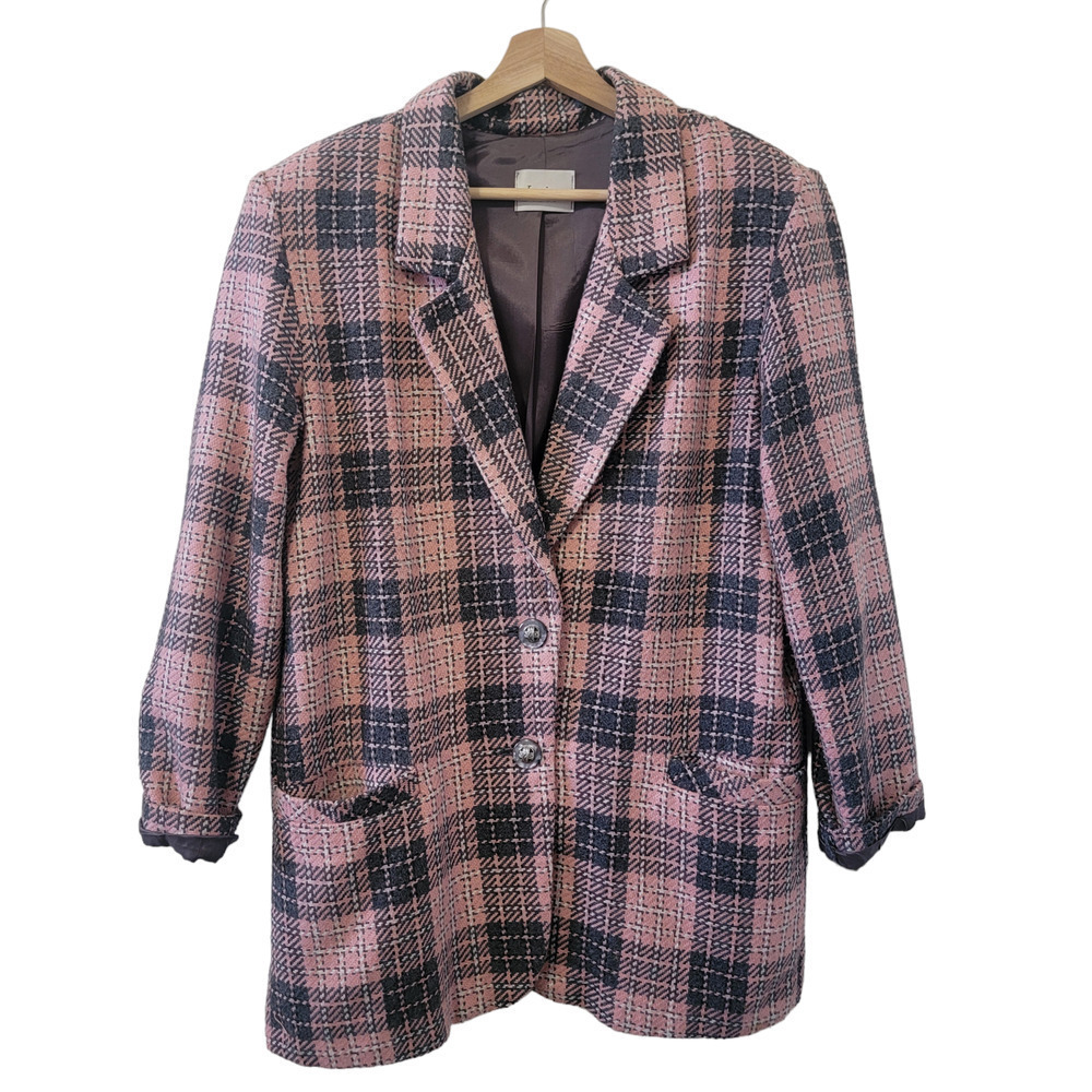 Vintage Jessica Scott Wool Blend Pink Plaid Double Button Oversized Blazer Coat